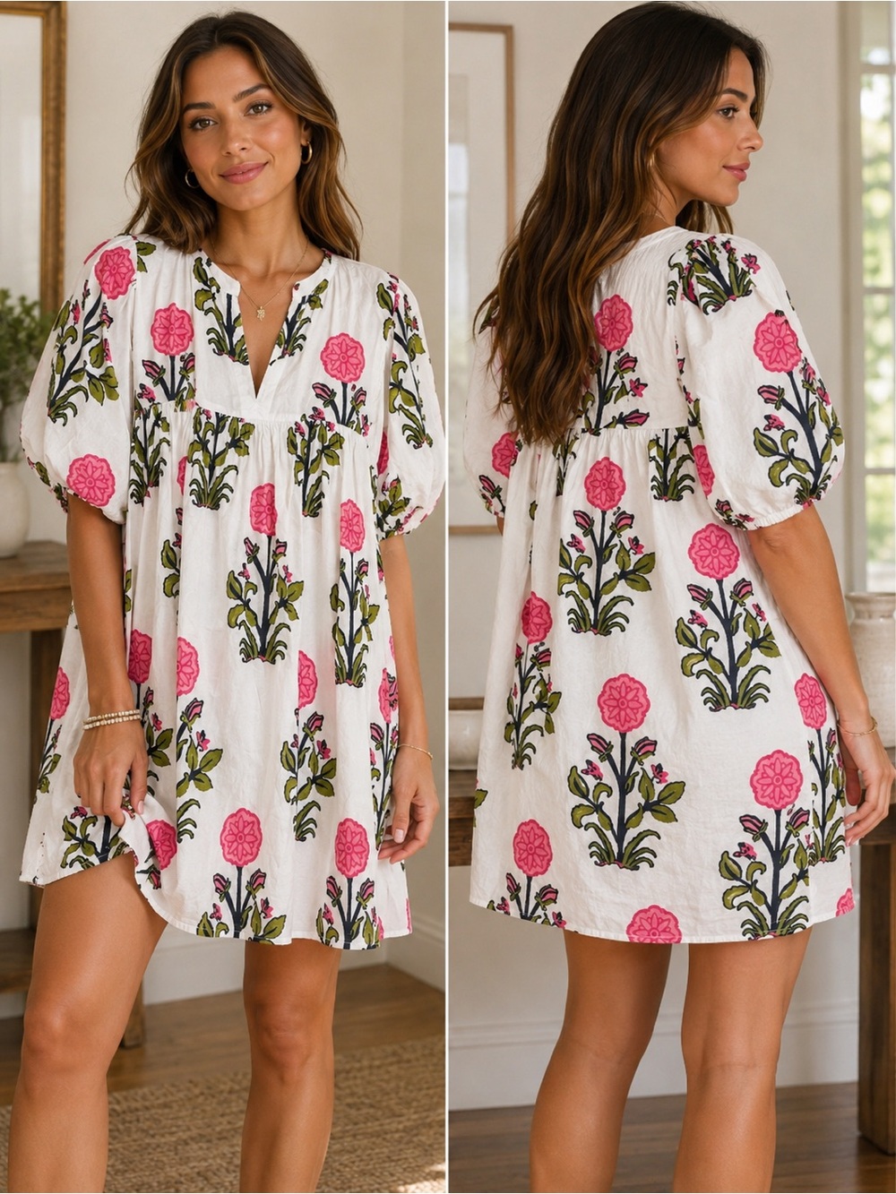 THML White Mini Dress with Pink & Olive Floral Print